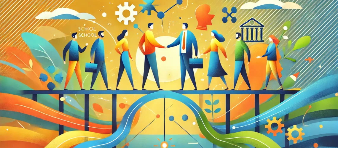 DALL·E 2024-12-27 12.55.46 - A modern, vibrant banner graphic for an educational article about resolving conflicts in schools. The graphic shows two abstract figures or groups on